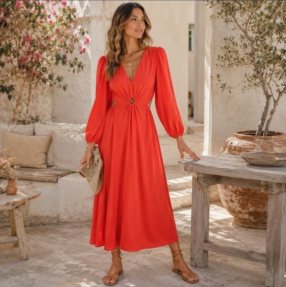 Sz Large Bright Orange Long Sleeve Elegant Dress Cut Out Tropical Resortwear